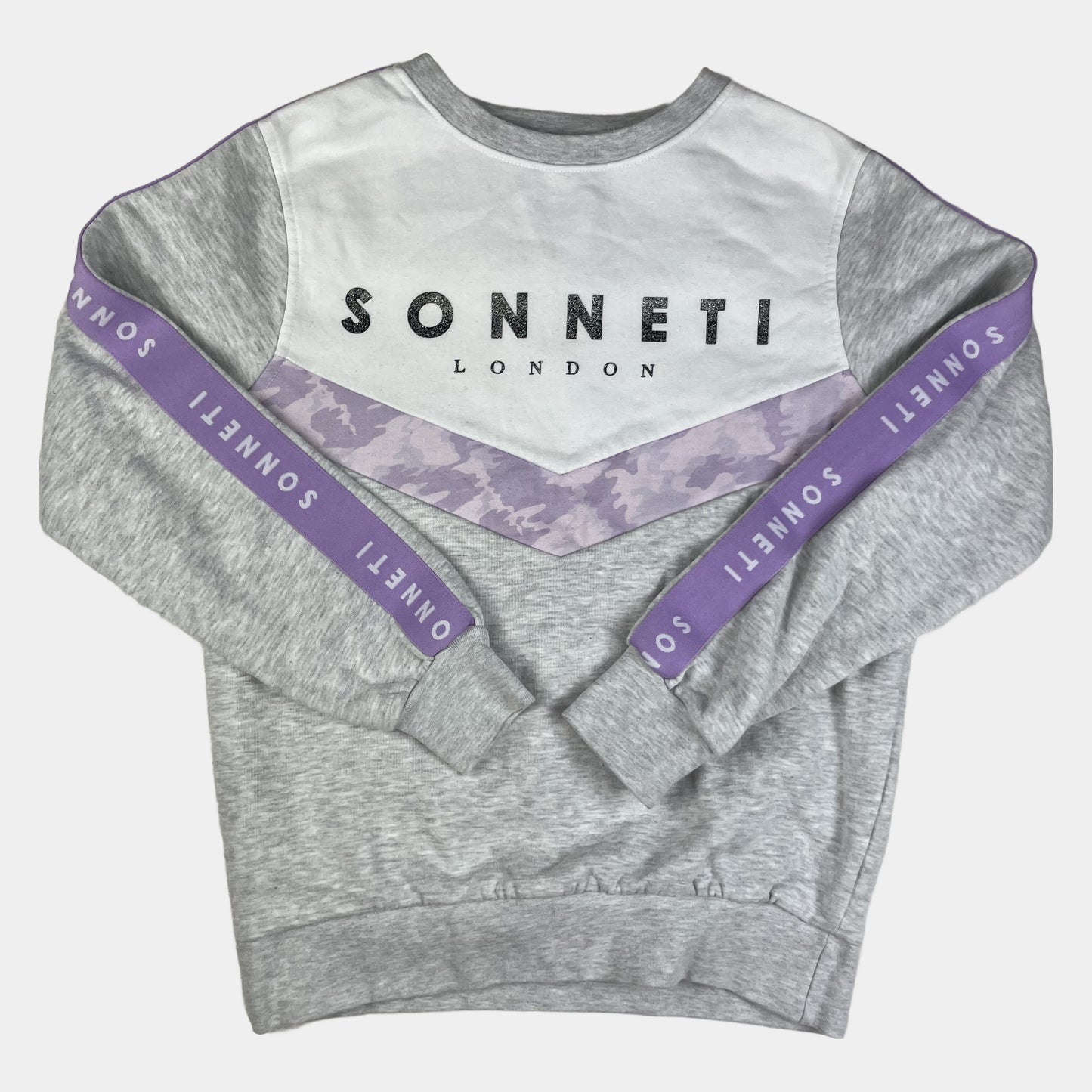 Graues Sweatshirt mit weißer Brustpartie und lilafarbenen Sonneti-Details, Größe 10–12 Jahre – front