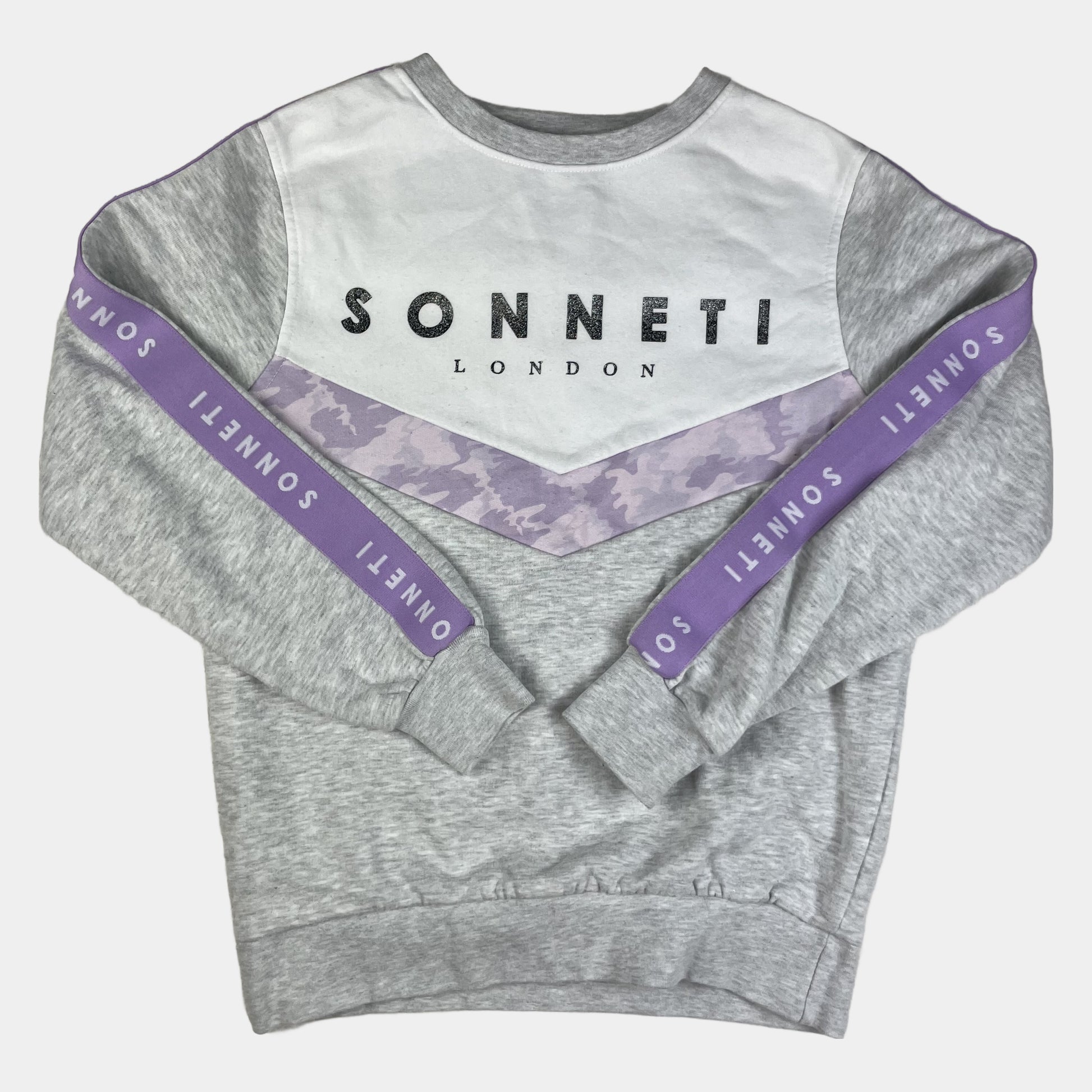 Graues Sweatshirt mit weißer Brustpartie und lilafarbenen Sonneti-Details, Größe 10–12 Jahre – front