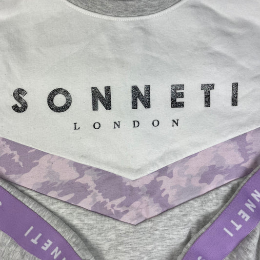 Graues Sweatshirt mit weißer Brustpartie und lilafarbenen Sonneti-Details, Größe 10–12 Jahre – detail