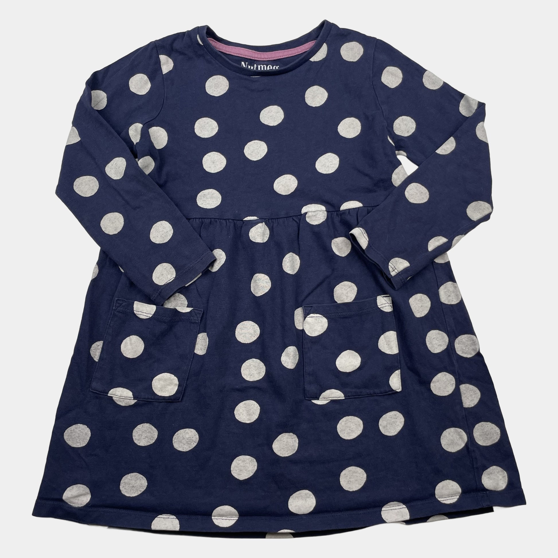 Blaues Langarm-Kleid aus Baumwolljersey mit weißen Punkten und zwei Taschen, Größe 4–5 Jahre – front