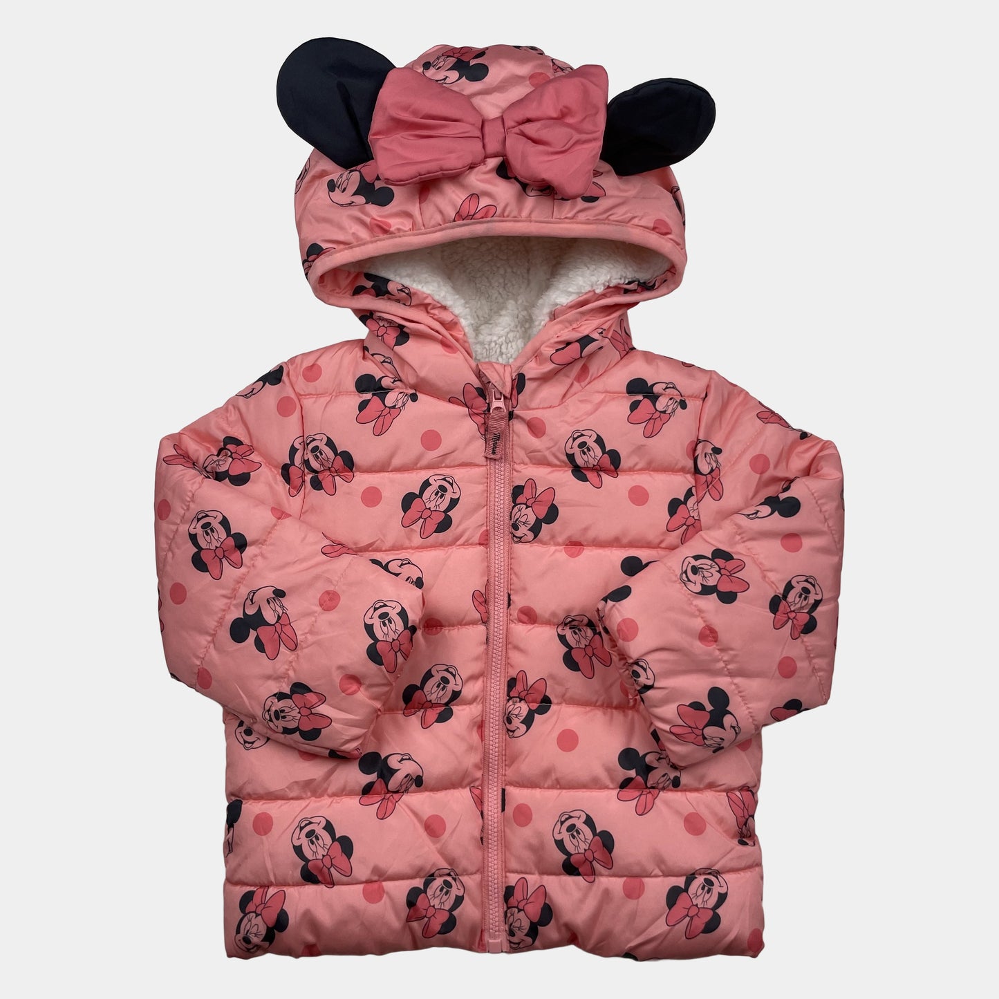 Rosa Steppjacke mit Kapuze, Ohren und Schleife, Minnie-Print, Größe 9–12 Monate – front