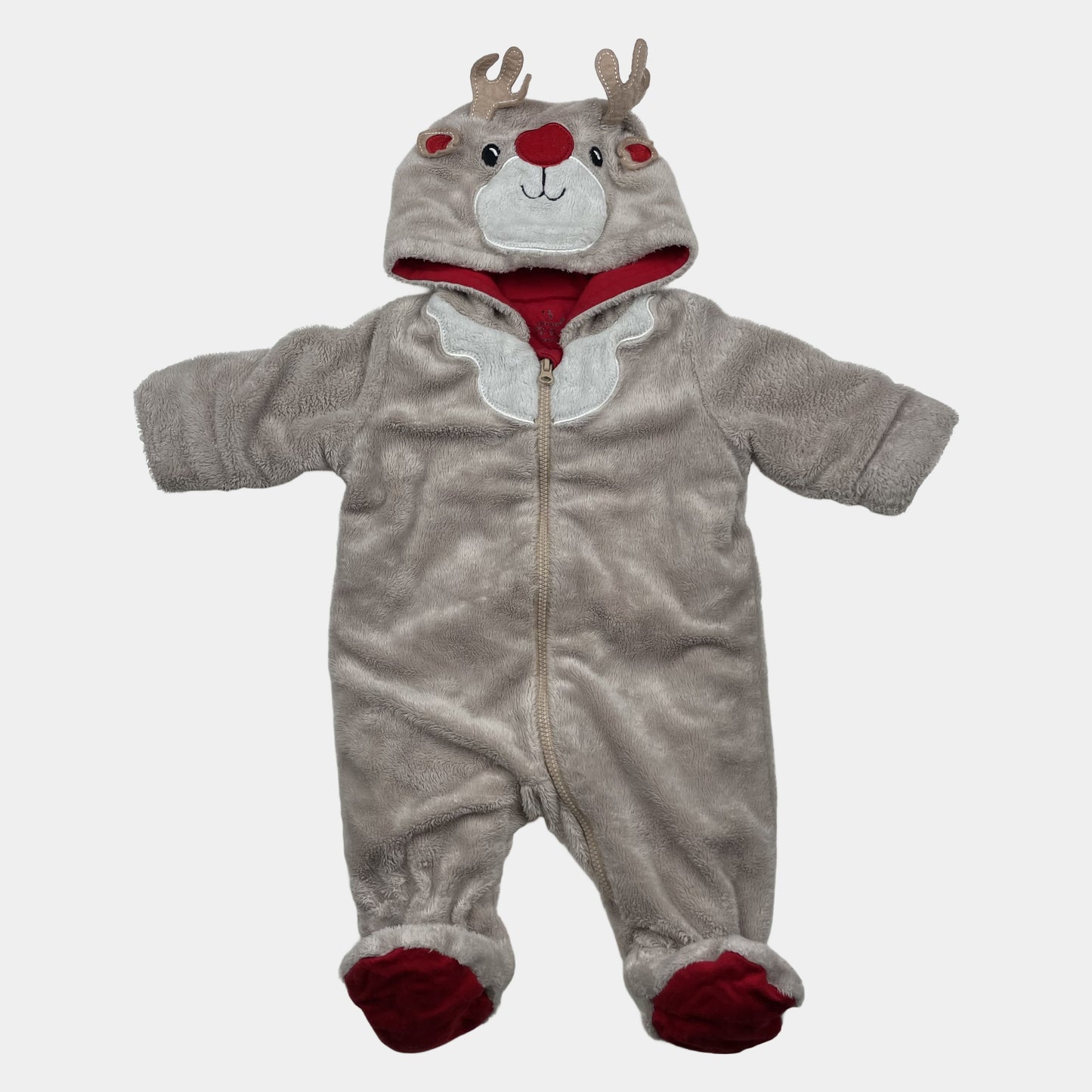 Grauer Rentier-Fleece-Overall mit Kapuze für Babys, Größe 0–3 Monate von early days – front