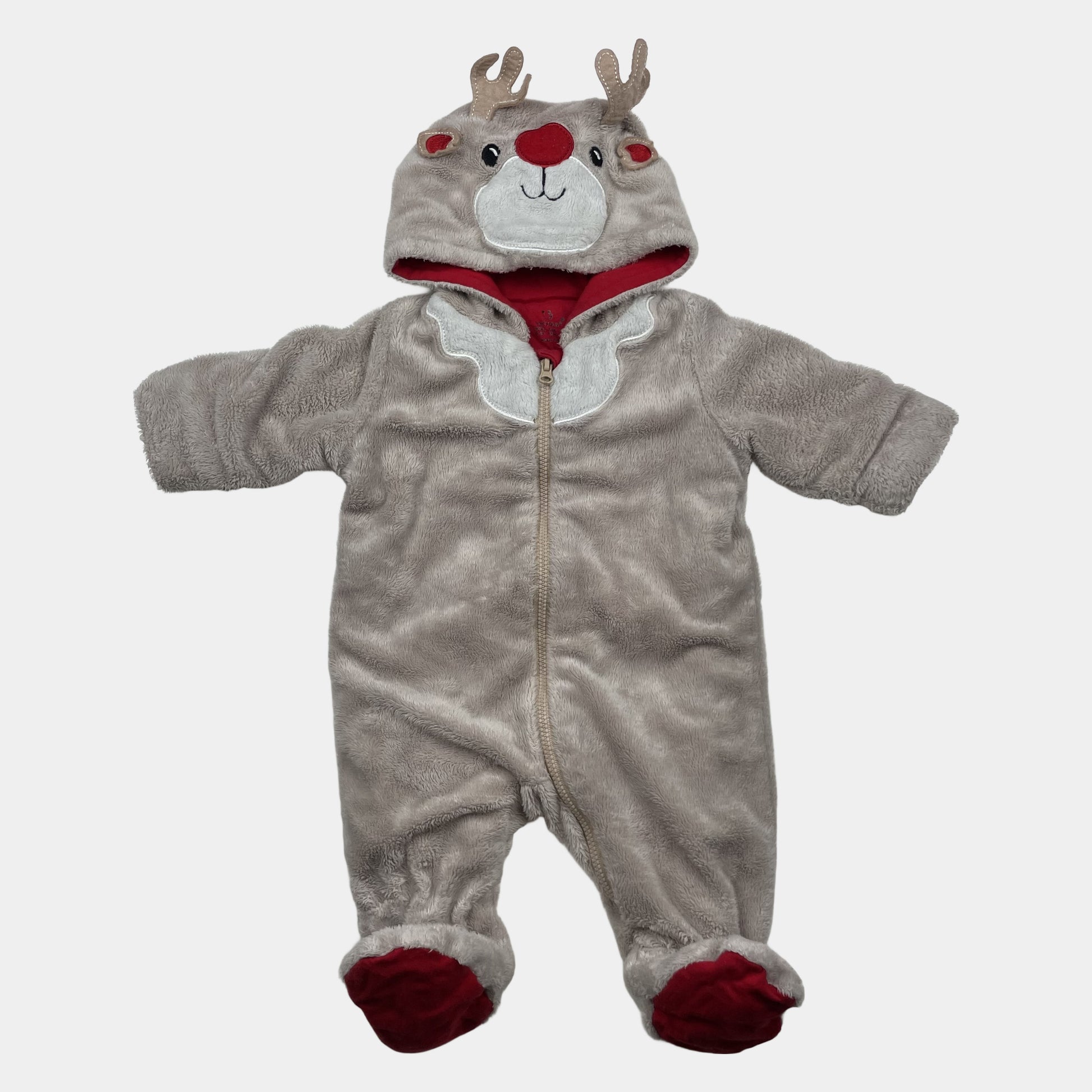 Grauer Rentier-Fleece-Overall mit Kapuze für Babys, Größe 0–3 Monate von early days – front