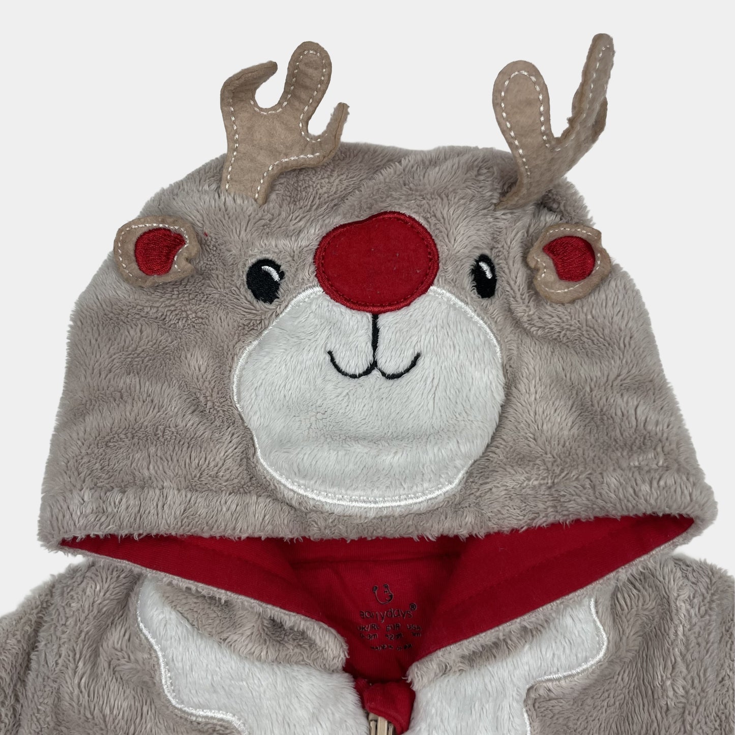 Grauer Rentier-Fleece-Overall mit Kapuze für Babys, Größe 0–3 Monate von early days – side