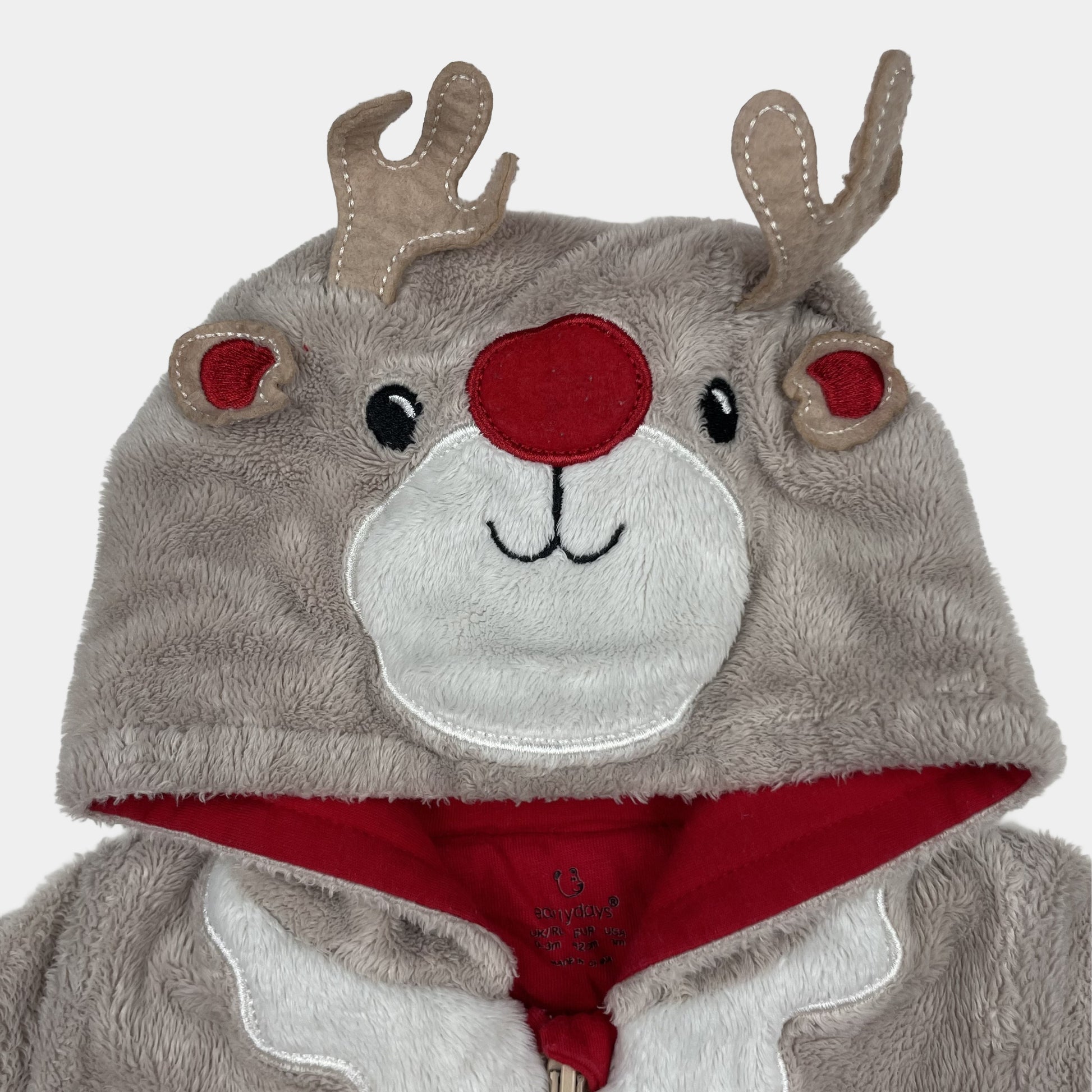 Grauer Rentier-Fleece-Overall mit Kapuze für Babys, Größe 0–3 Monate von early days – side