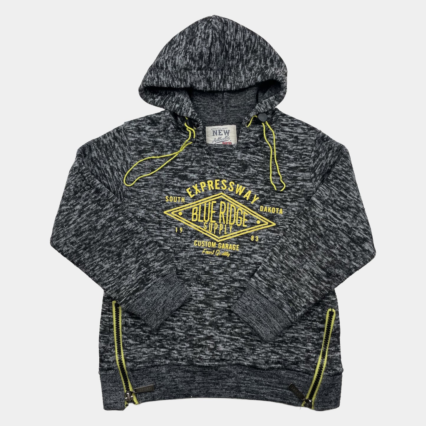 Dunkelgrauer melierter Kinder-Hoodie mit Kapuze, gelbem Frontprint und seitlichen Reißverschlüssen