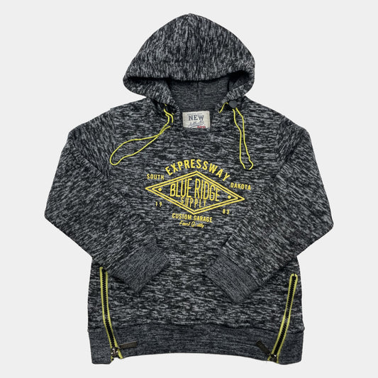 Dunkelgrauer melierter Kinder-Hoodie mit Kapuze, gelbem Frontprint und seitlichen Reißverschlüssen