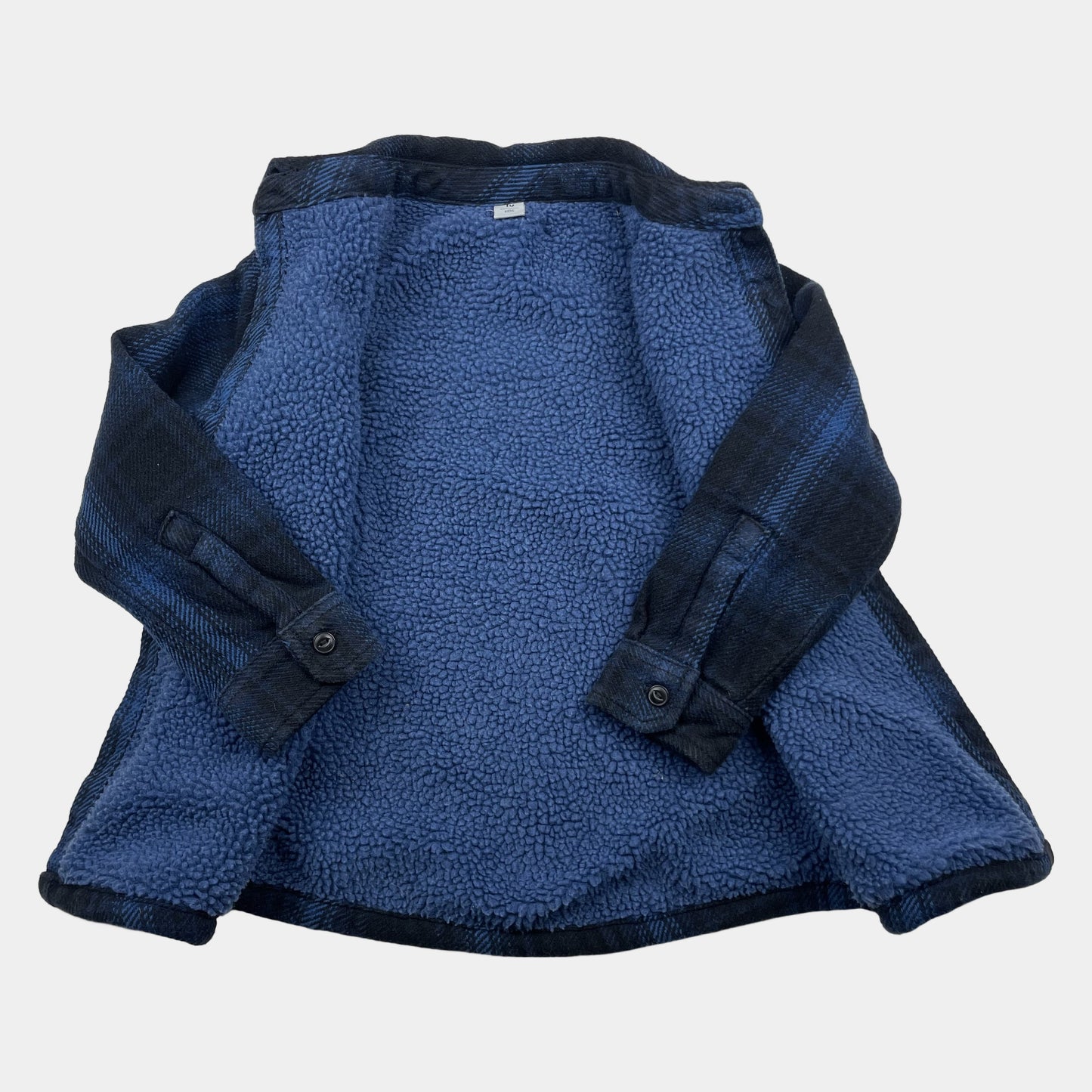 Blau-schwarzes kariertes, gefüttertes Kinder-Overshirt mit Knopfleiste und Brusttasche, Größe 122 (7 Jahre) – inside