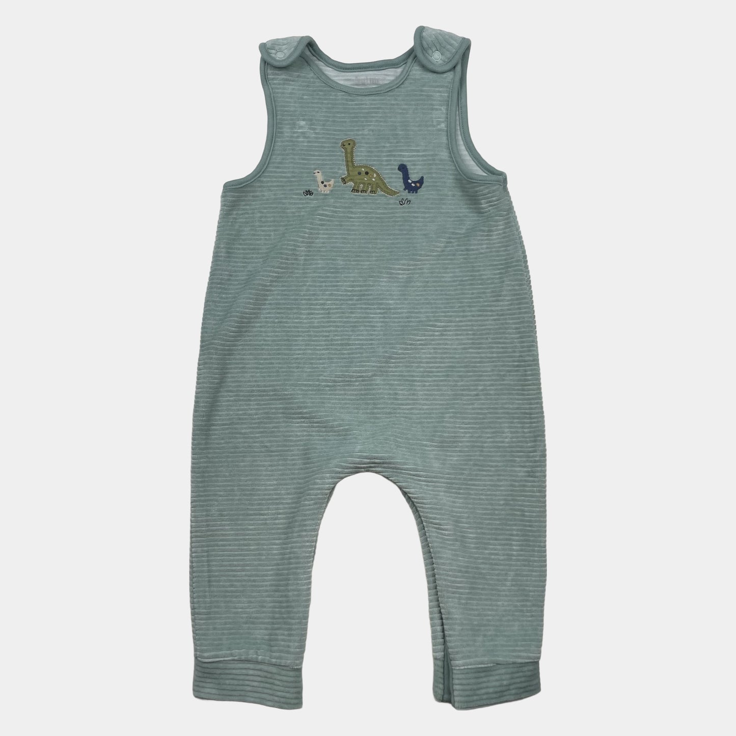 Mintgrüner gestreifter Baby-Overall mit Dino-Stickerei von Nutmeg, Größe 80 (9–12 Monate) – front