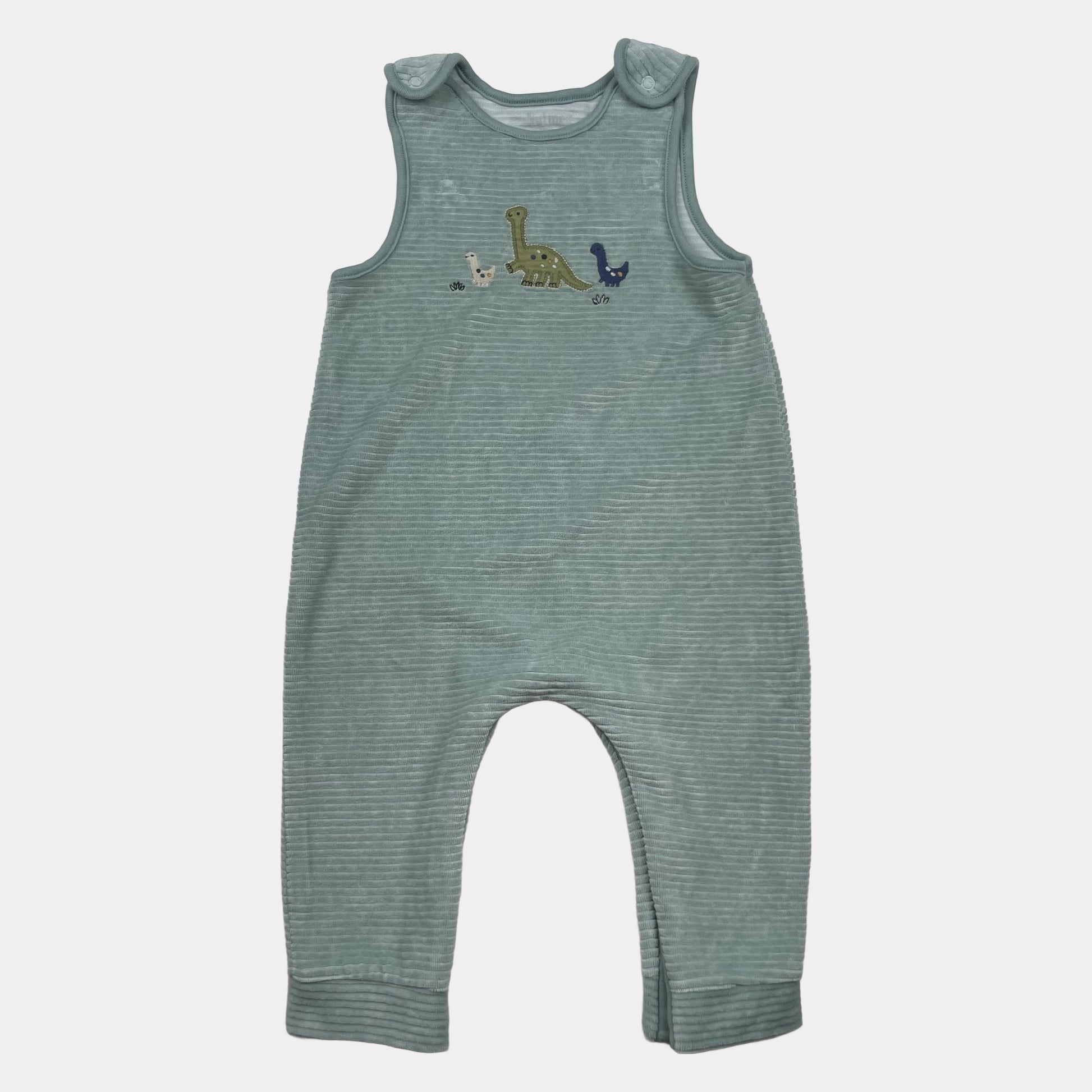Mintgrüner gestreifter Baby-Overall mit Dino-Stickerei von Nutmeg, Größe 80 (9–12 Monate) – front