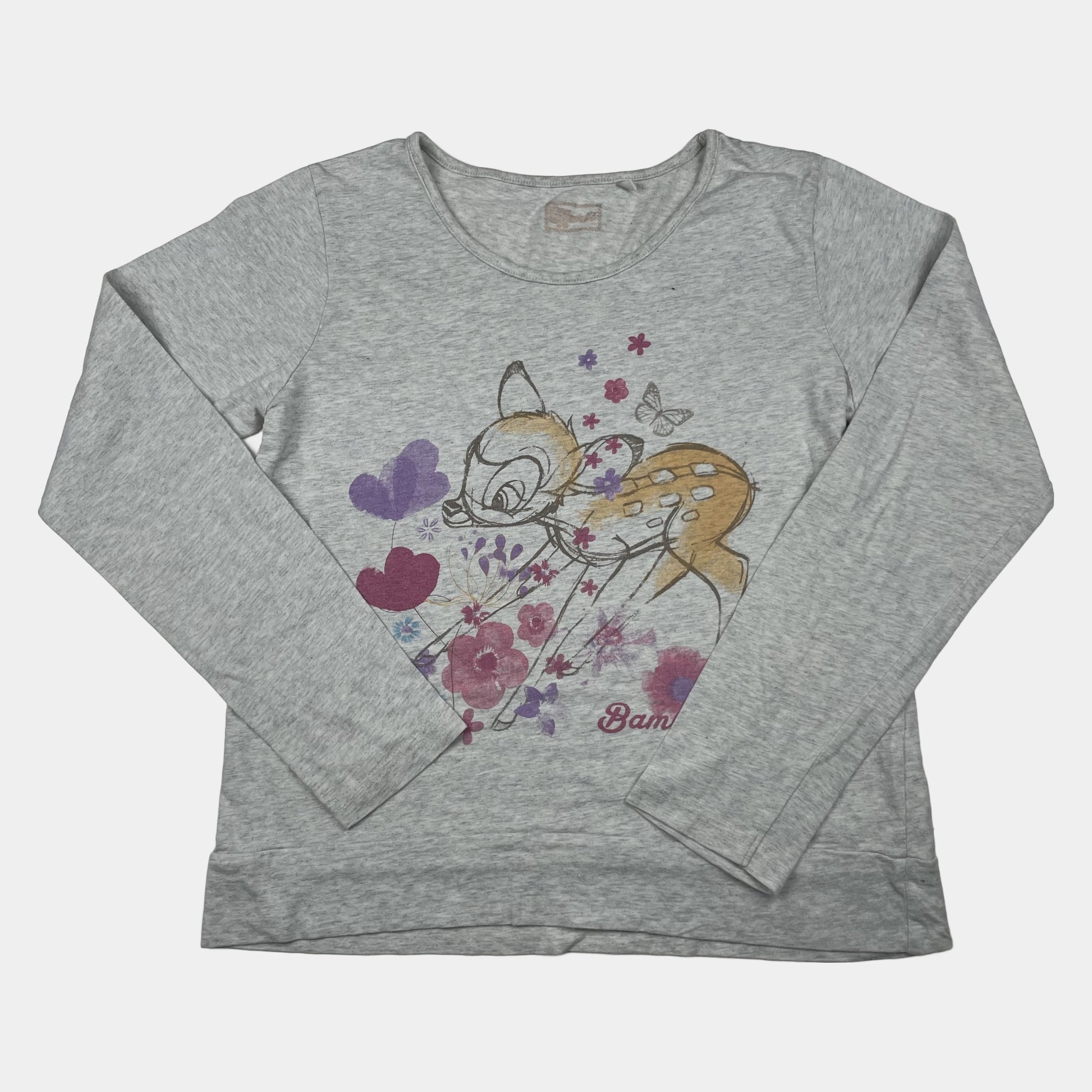 Graues Baumwoll-Langarmshirt mit Bambi-Print, Größe 158/164 – front