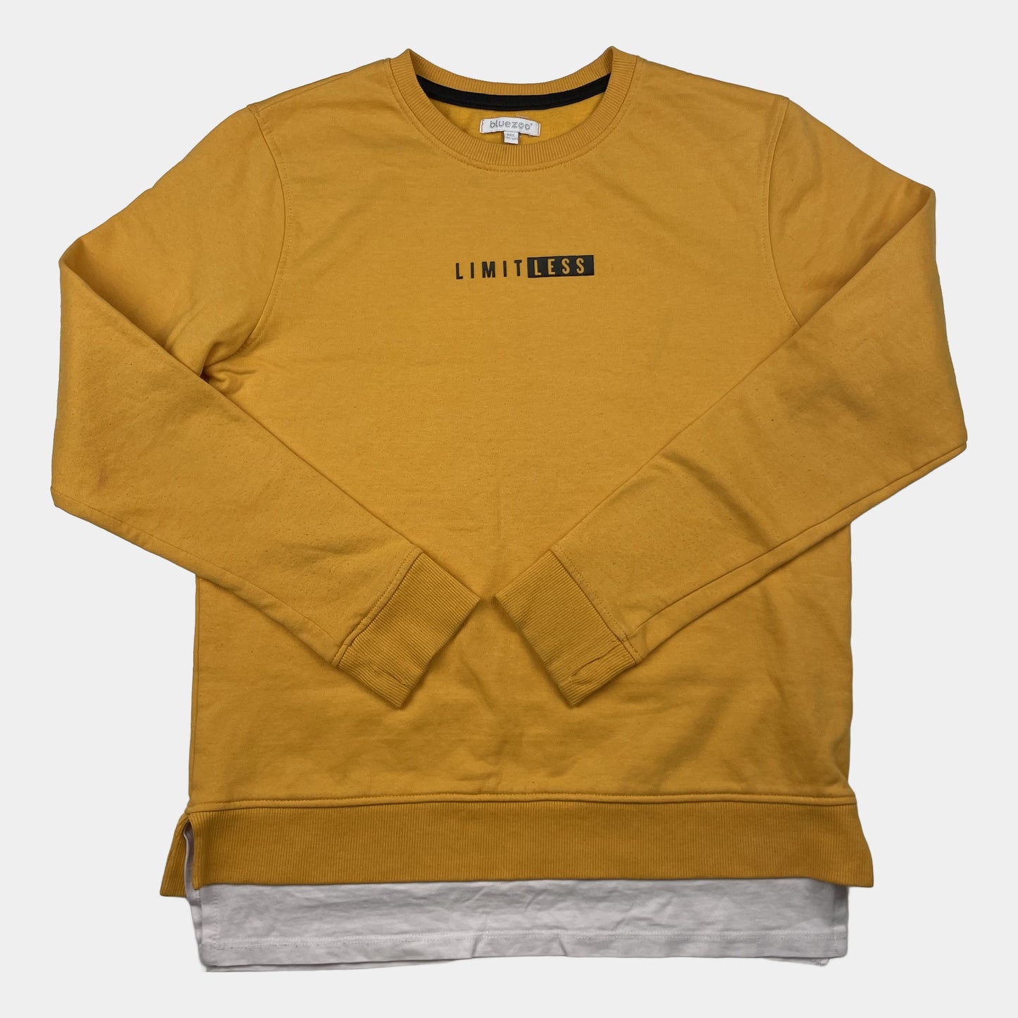 Gelbes Kinder-Sweatshirt mit LIMITLESS-Print und weißem Saumeinsatz, Größe 11–12 Jahre – front