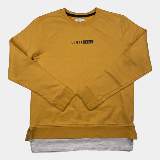 Gelbes Kinder-Sweatshirt mit LIMITLESS-Print und weißem Saumeinsatz, Größe 11–12 Jahre – front