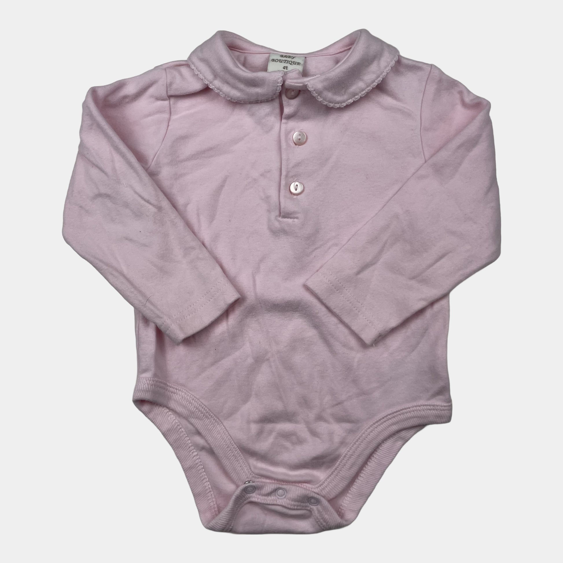 Rosa Langarm-Body mit Bubikragen und Knopfleiste, Größe 9–12 Monate – front