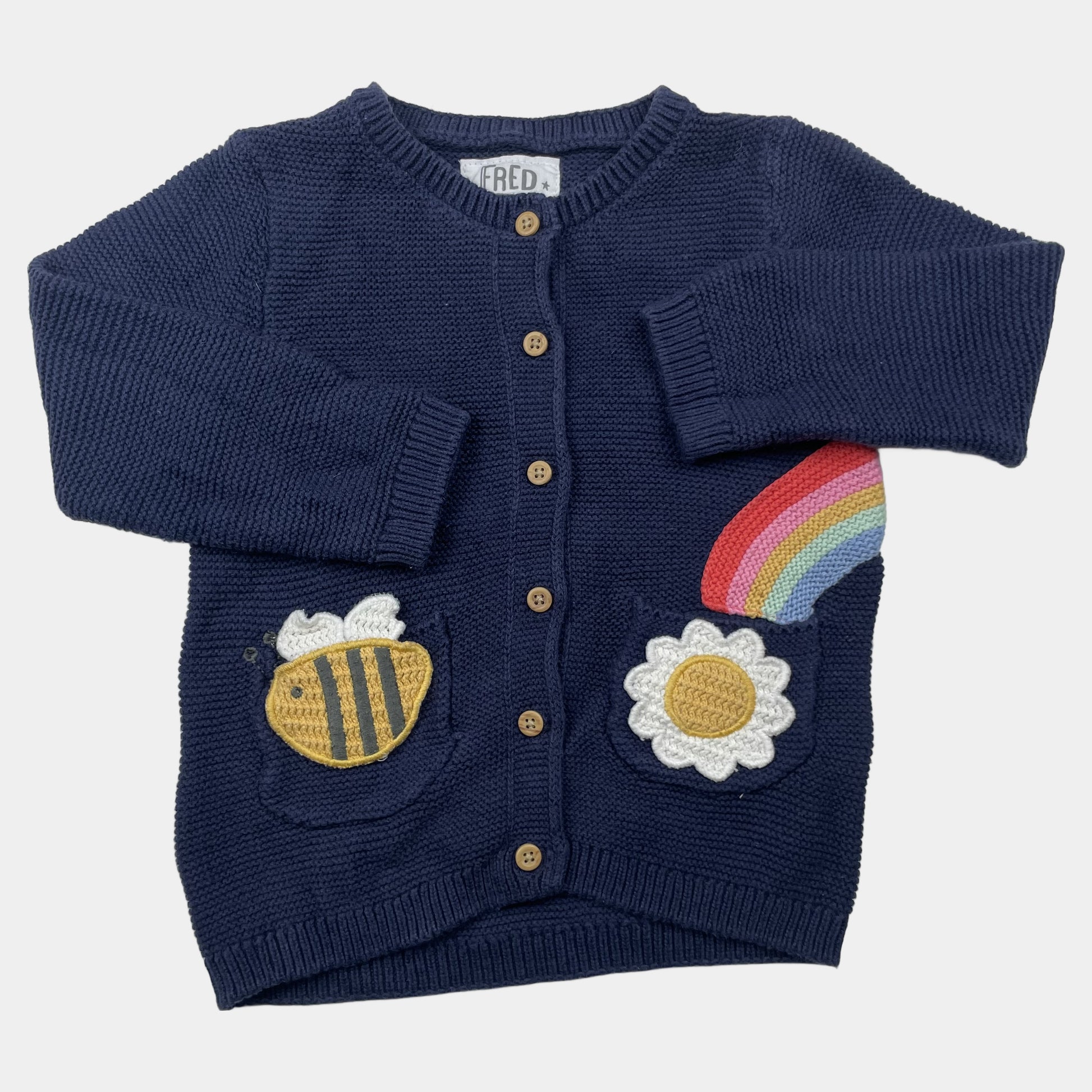 Dunkelblaue Kinder-Strickjacke mit Biene-, Blüte- und Regenbogen-Applikation von F&F, Größe 9–12 Monate – front