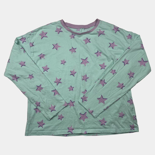 Türkises Schlafanzugoberteil für Kinder mit lila Sternen, lange Ärmel, Rundhals mit lila Bündchen
