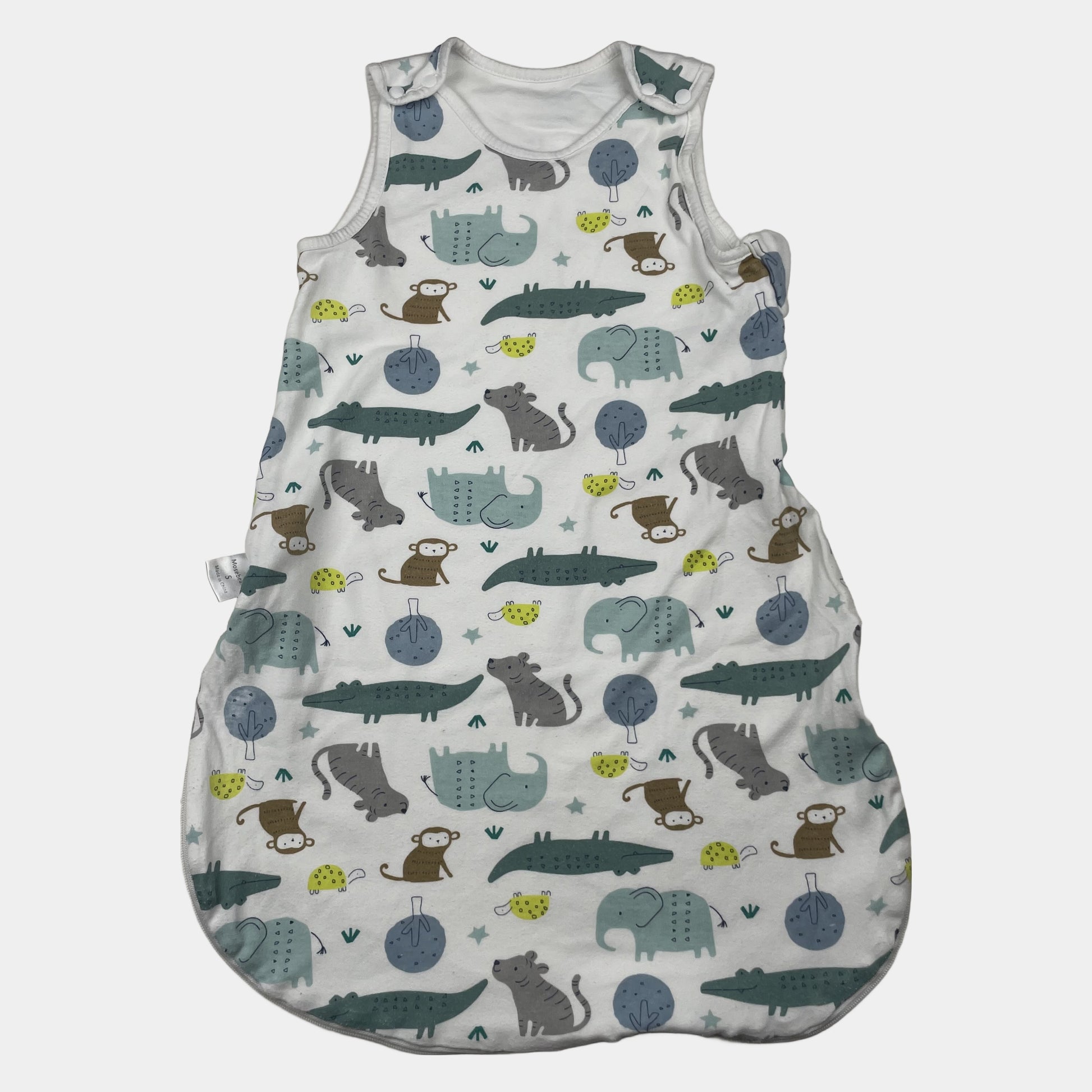 Weißer Babyschlafsack mit Tiermotiv, Größe S, seitlicher Reißverschluss und Druckknöpfe an den Schultern – front