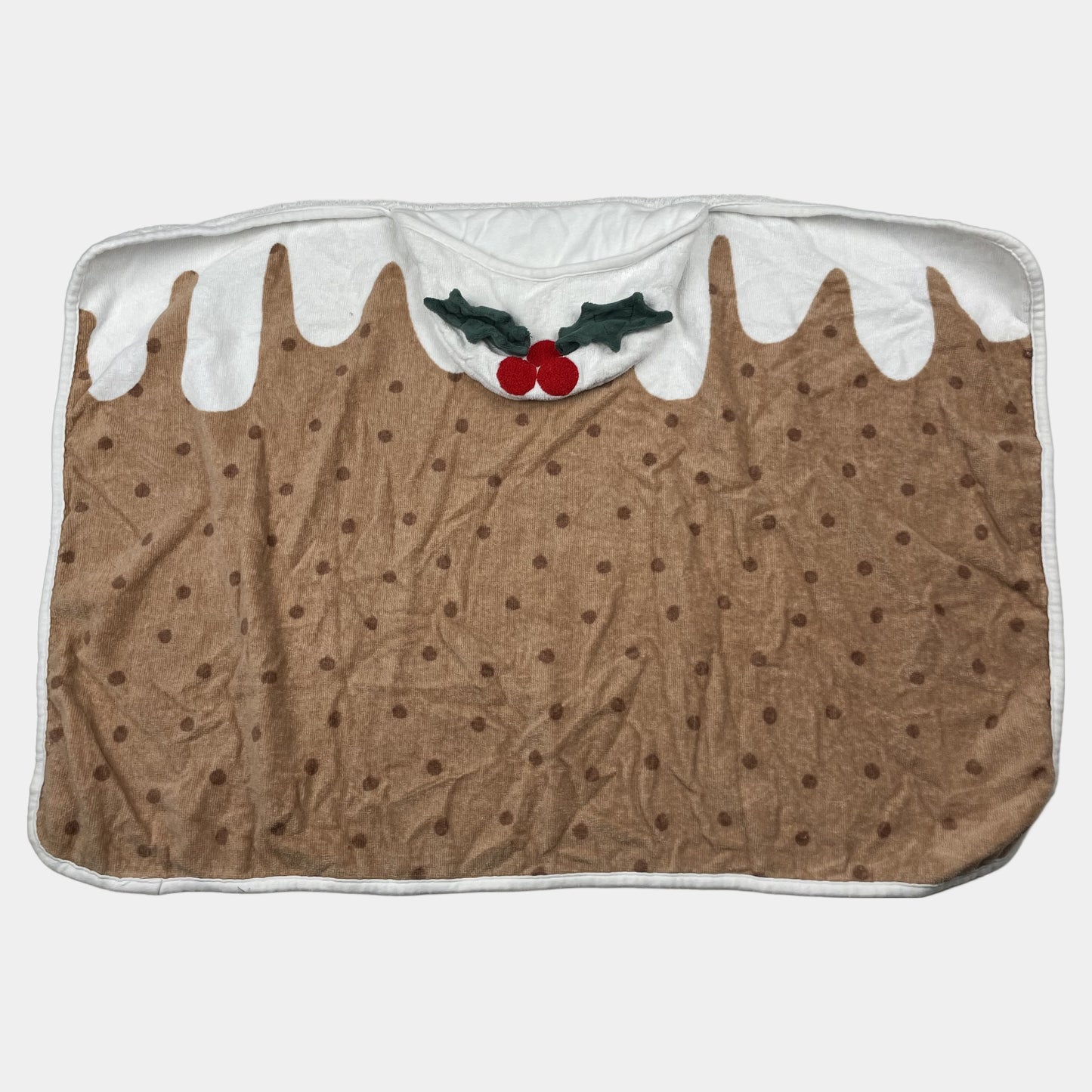 Brauner Kapuzenponcho mit Pudding-Design, Punkten und Stechpalmen-Applikation – front