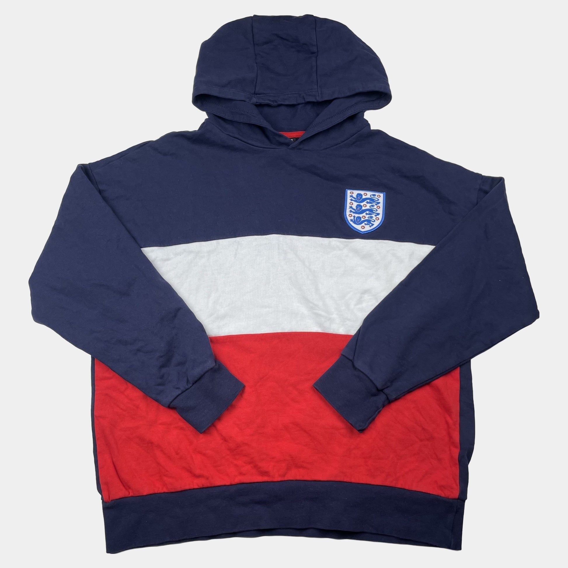 Dunkelblauer Hoodie mit weißem und rotem Blockstreifen und England-Wappen, Größe 14–15 Jahre – front