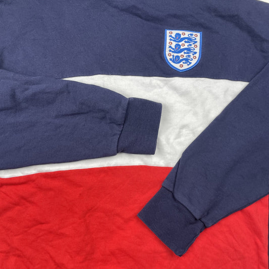 Dunkelblauer Hoodie mit weißem und rotem Blockstreifen und England-Wappen, Größe 14–15 Jahre – detail