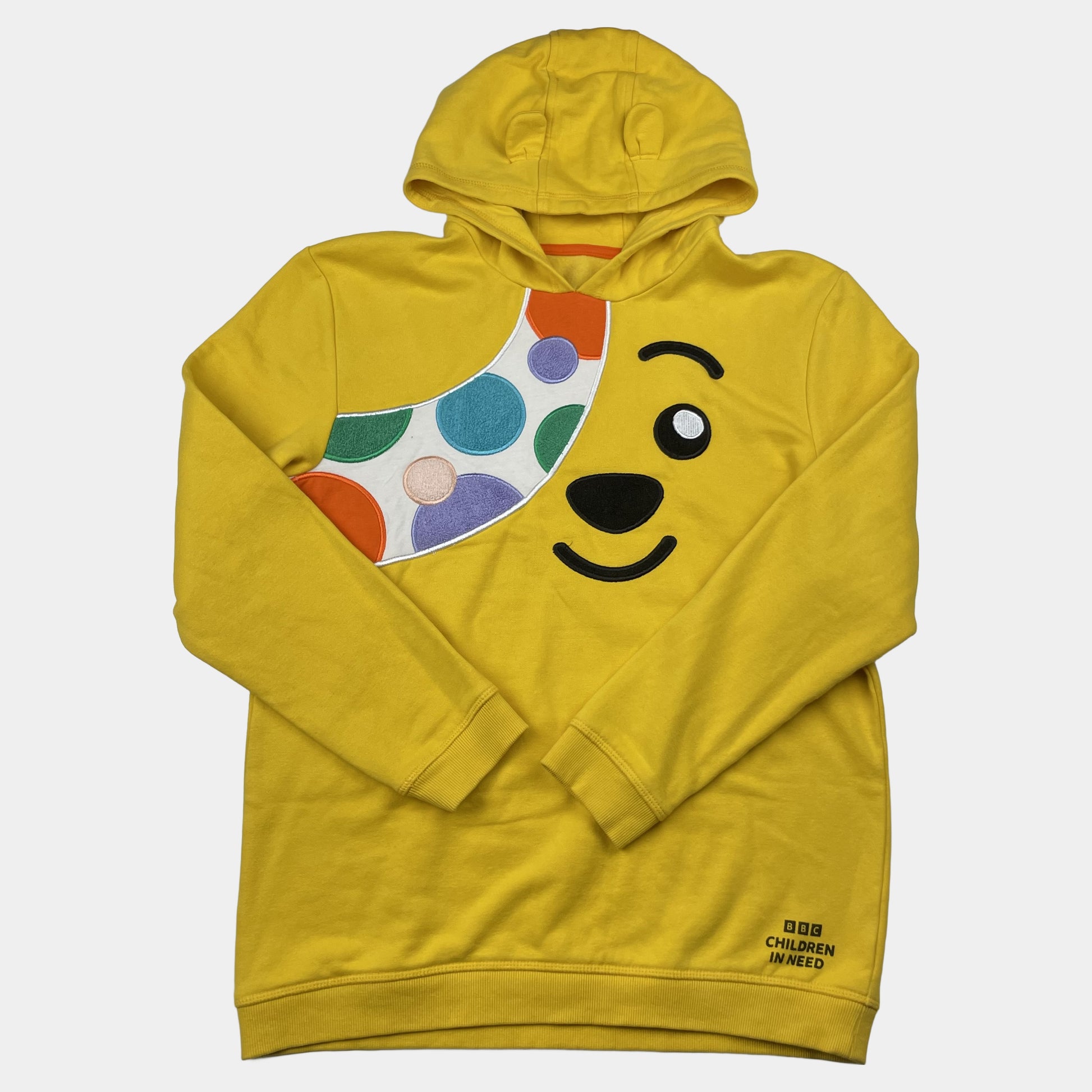 Gelber Kinder-Kapuzenpullover mit Bärengesicht und Punkten, Größe 13–14 Jahre – front