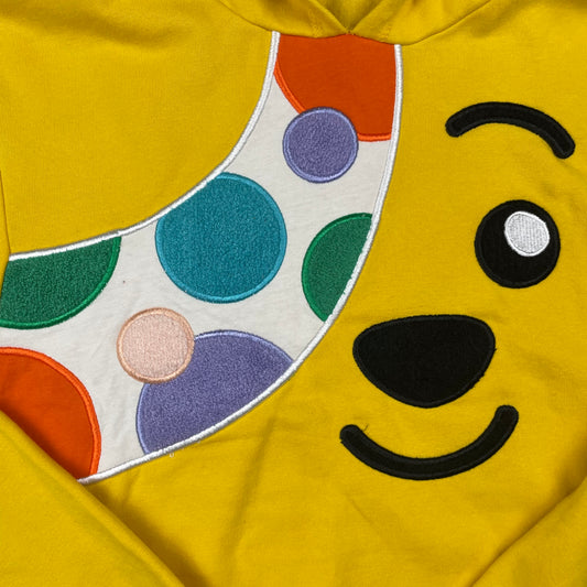 Gelber Kinder-Kapuzenpullover mit Bärengesicht und Punkten, Größe 13–14 Jahre – logo