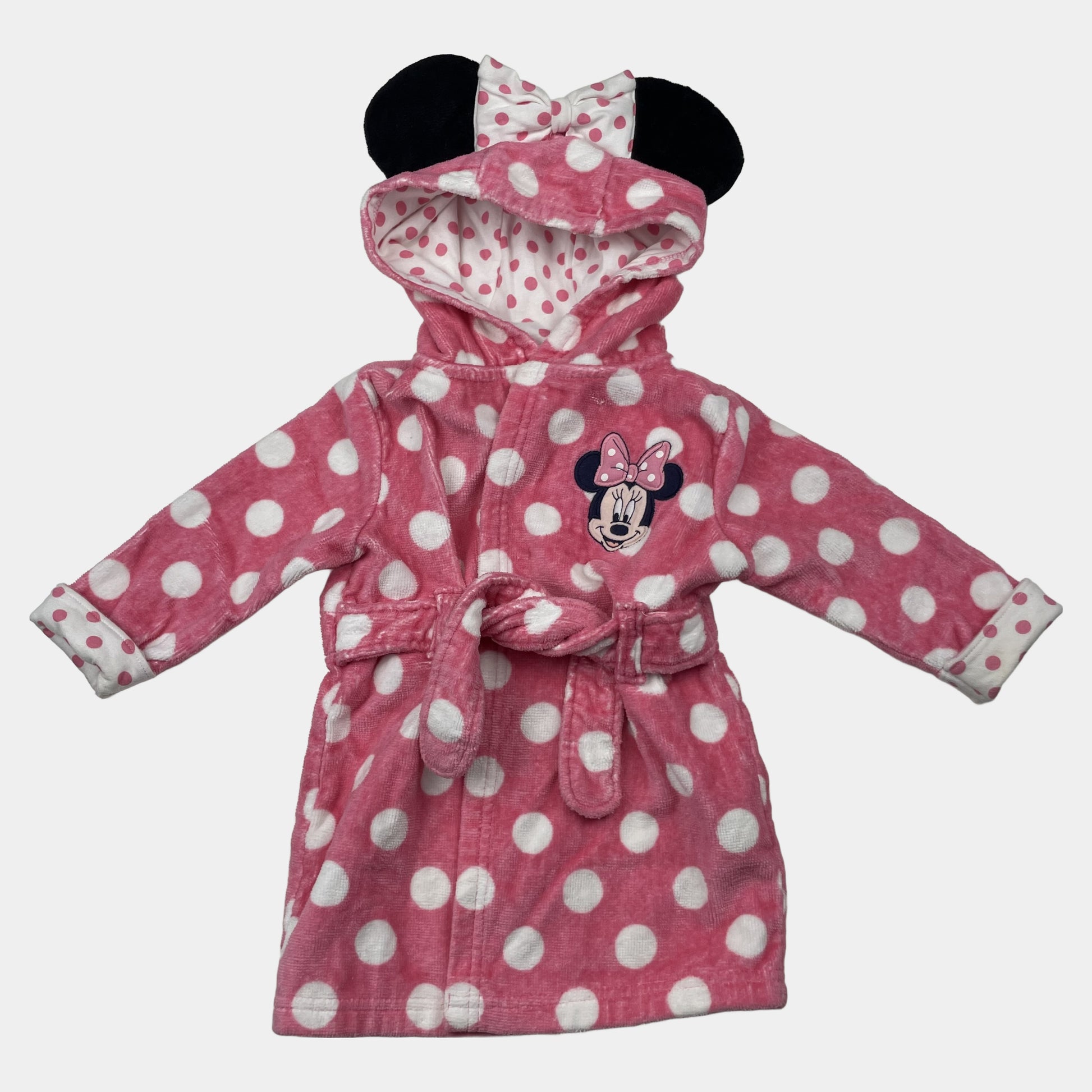Rosa gepunkteter Baby-Bademantel mit Minnie Maus und Kapuze mit Ohren, Größe 6–9 Monate – front