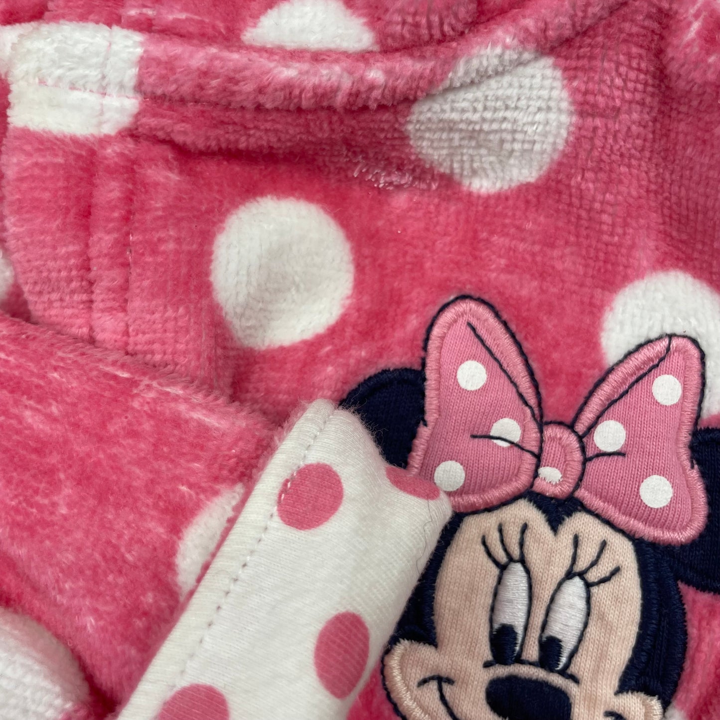 Rosa gepunkteter Baby-Bademantel mit Minnie Maus und Kapuze mit Ohren, Größe 6–9 Monate – pocket