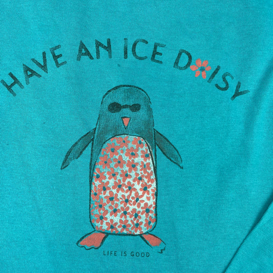 Türkises Langarmshirt mit Pinguin-Print von Life is Good, Größe 5–6 Jahre – detail