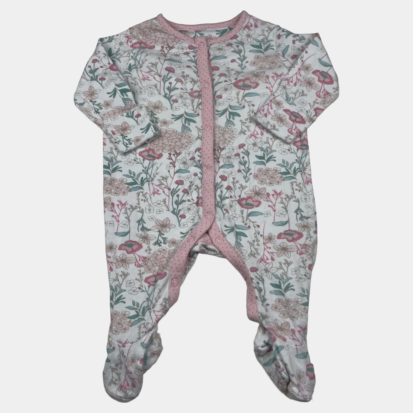 Weißer Schlafanzug mit Blumenmuster, rosa Knopfleiste und Füßen, Größe 0–3 Monate – front
