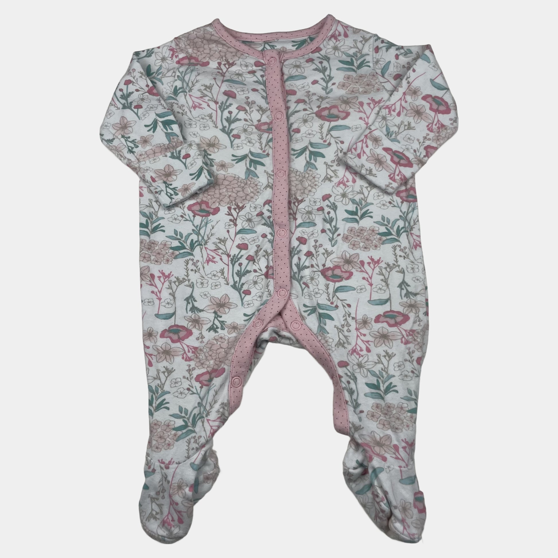 Weißer Schlafanzug mit Blumenmuster, rosa Knopfleiste und Füßen, Größe 0–3 Monate – front