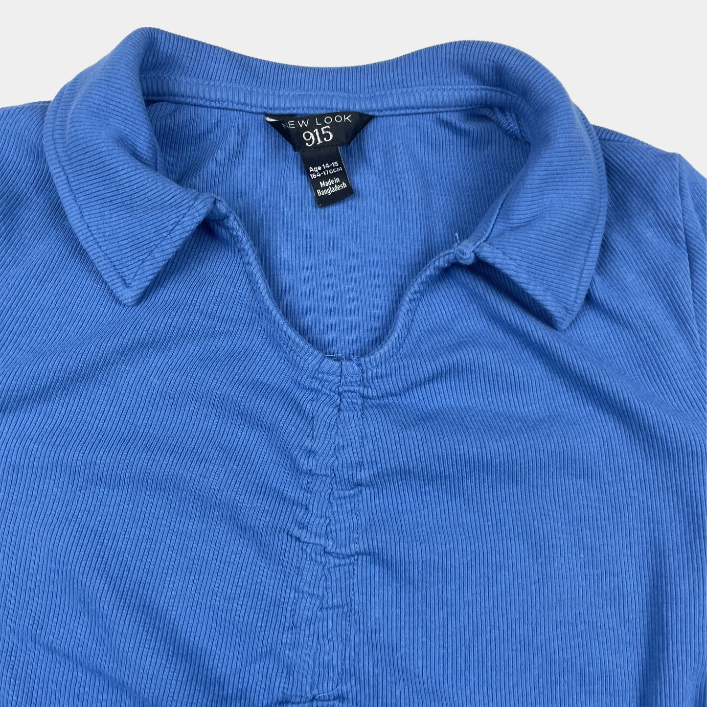 Blaues Langarmshirt mit Kragen und Raffung, Größe 14–15 Jahre – collar