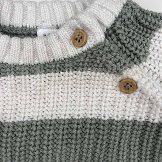 Gestreifter Baby-Strickpullover in Grün und Weiß mit Schulterknöpfen, Größe 6–9 Monate – detail