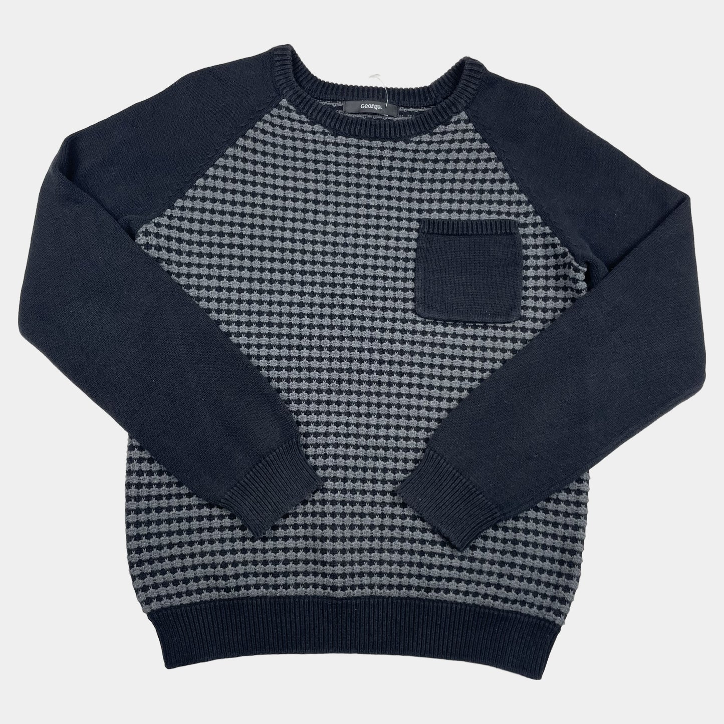 Dunkelblauer Baumwoll-Pullover mit kleinem Strickmuster und Brusttasche