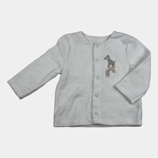Weiße Jacke mit Zebra-Motiv und Knopfleiste für Babys. – front