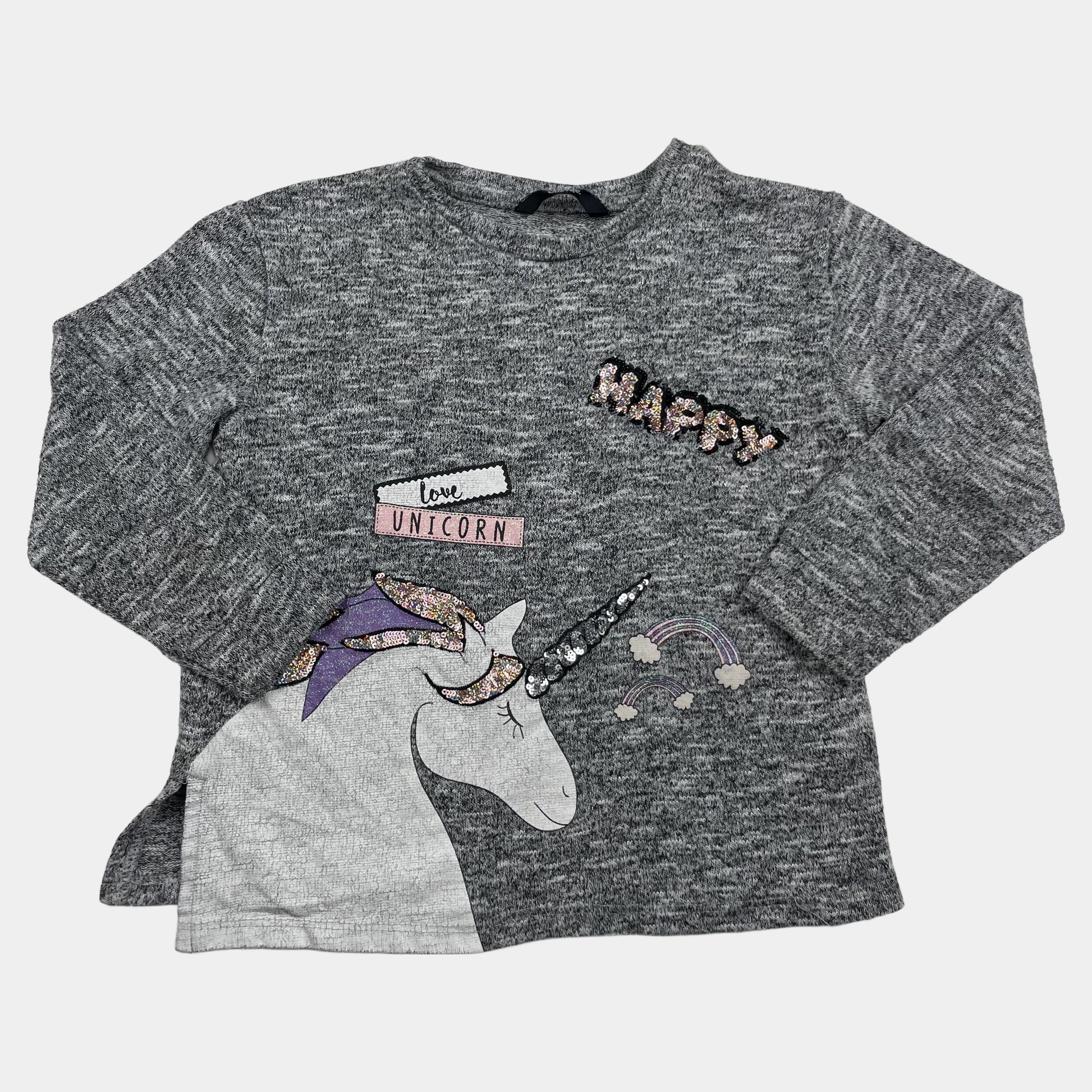 Grauer Pullover mit Einhornmotiv und Glitzerdetails, Größe 6-7 Jahre – front
