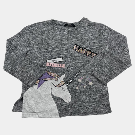 Grauer Pullover mit Einhornmotiv und Glitzerdetails, Größe 6-7 Jahre – front