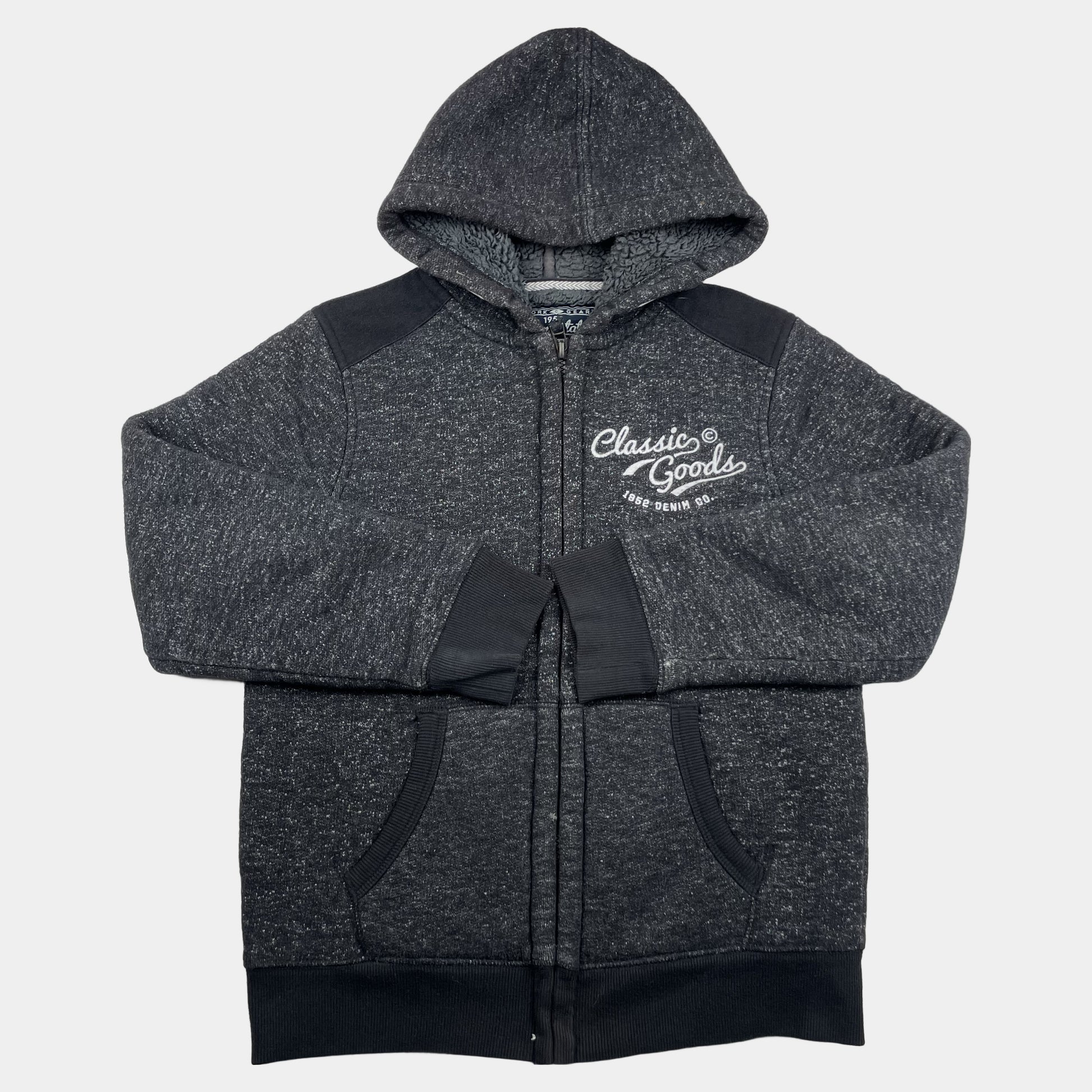Graue Fleece-Kapuzenjacke mit Taschen und Reißverschluss – front