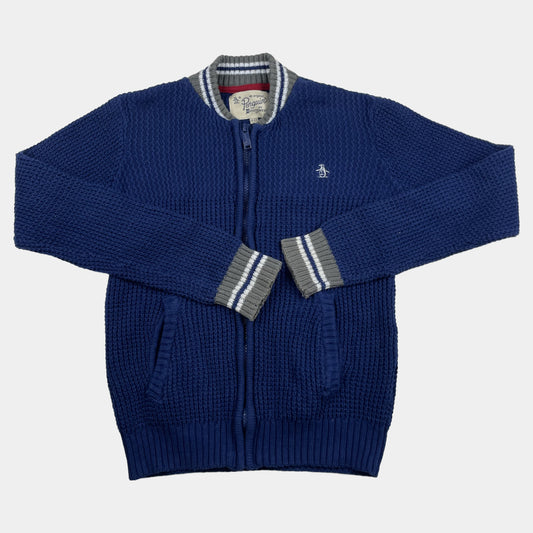 Blaue Baumwoll-Strickjacke mit Reißverschluss und gestreiften Bündchen für Kinder im Alter von 10-11 Jahren – front