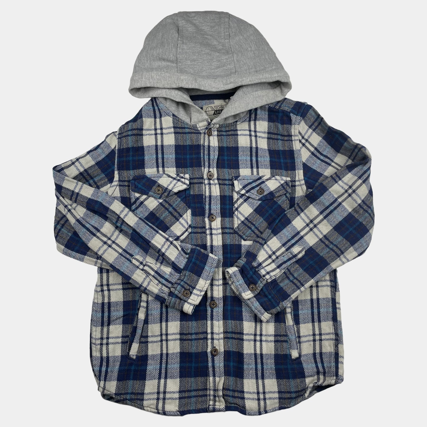 Kariertes blau-weißes Hemd mit grauer Kapuze für Kinder – front