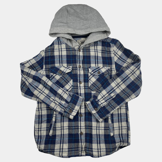 Kariertes blau-weißes Hemd mit grauer Kapuze für Kinder – front