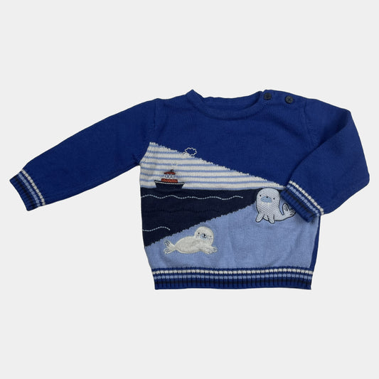 Blauer Baumwoll-Pullover mit Boot und Robbenmotiv, Größe 6-9 Monate – front
