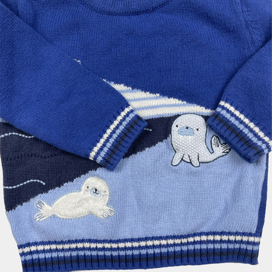 Blauer Baumwoll-Pullover mit Boot und Robbenmotiv, Größe 6-9 Monate – sleeve