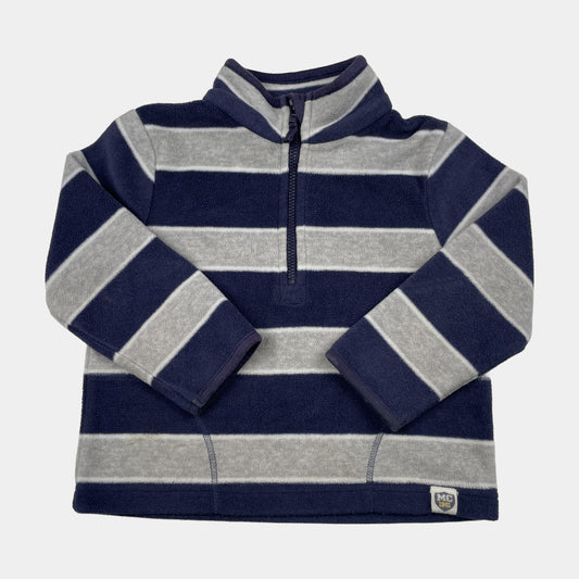 Blauer Fleece-Pullover mit grauen Streifen und Reißverschluss. – front