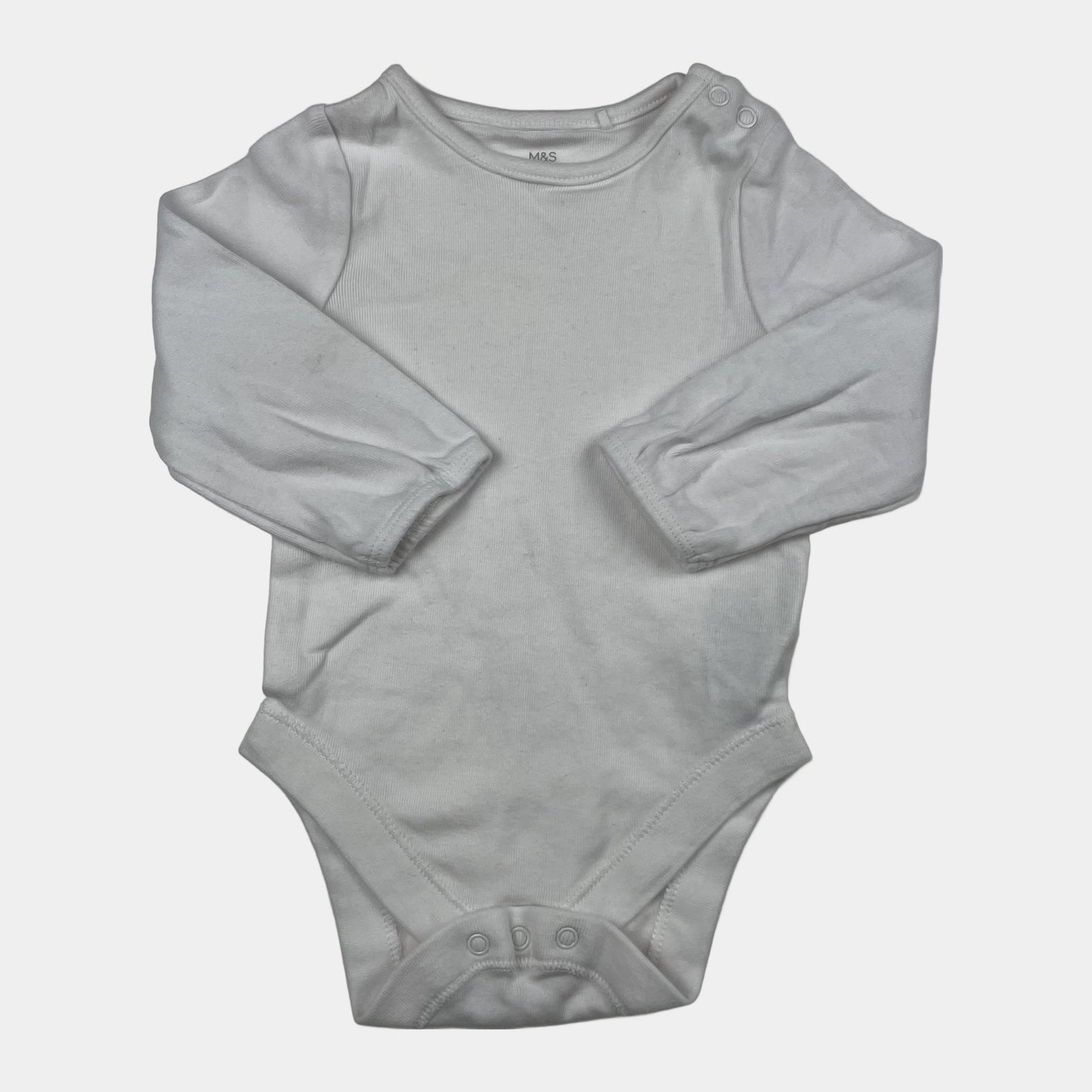 Weißer Langarmbody mit Druckknöpfen für Babys, Größe 3–6 Monate