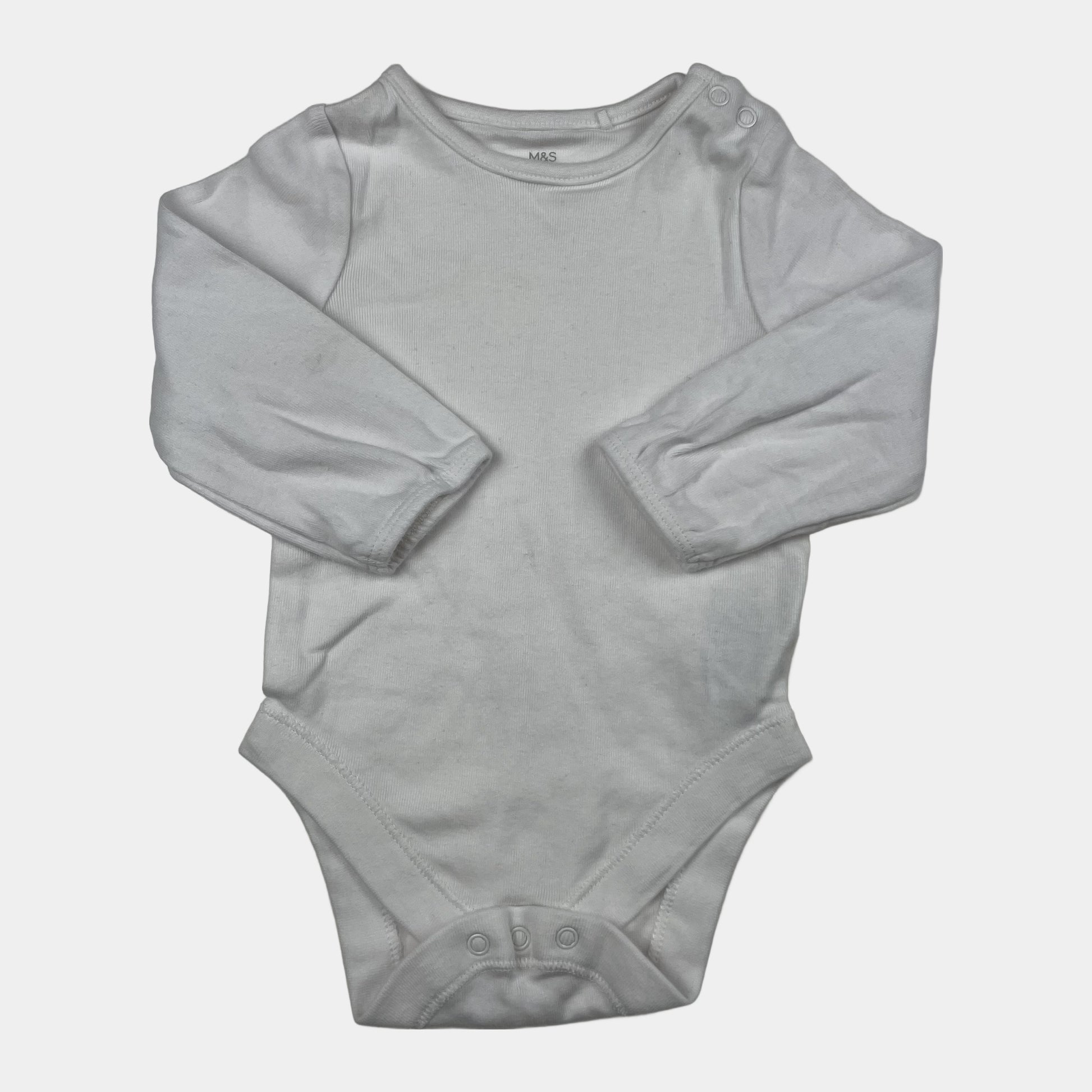 Weißer Langarmbody mit Druckknöpfen für Babys, Größe 3–6 Monate
