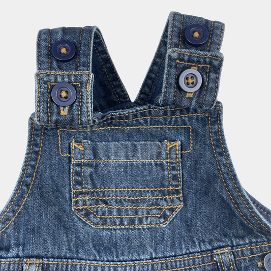 Dunkelblauer Denim-Overall für Kleinkinder, Größe 3-6 Monate, mit Taschen und verstellbaren Trägern. – fabric