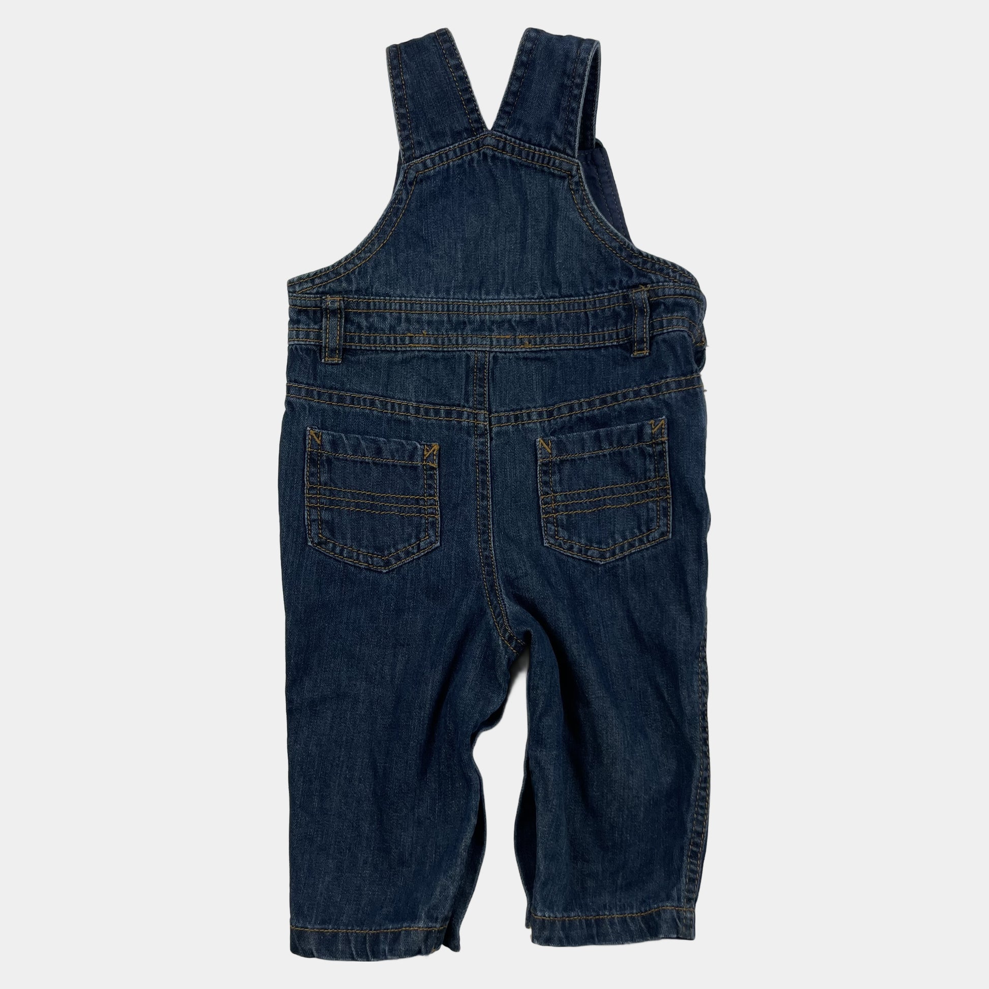 Dunkelblauer Denim-Overall für Kleinkinder, Größe 3-6 Monate, mit Taschen und verstellbaren Trägern. – back