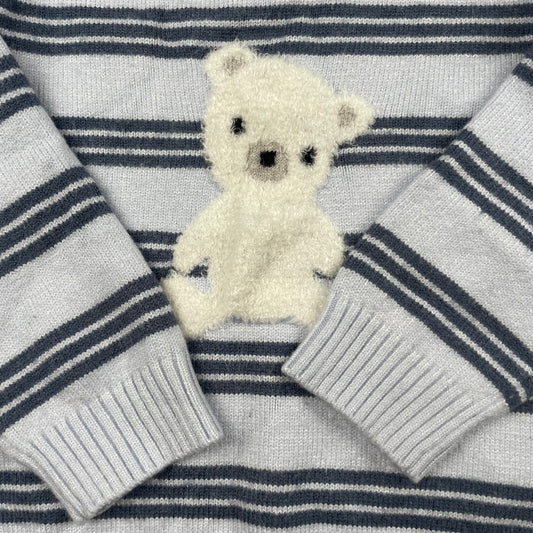 Blauer Strickpullover mit Streifenmuster und Bärenmotiv, Größe 6-9 Monate – detail