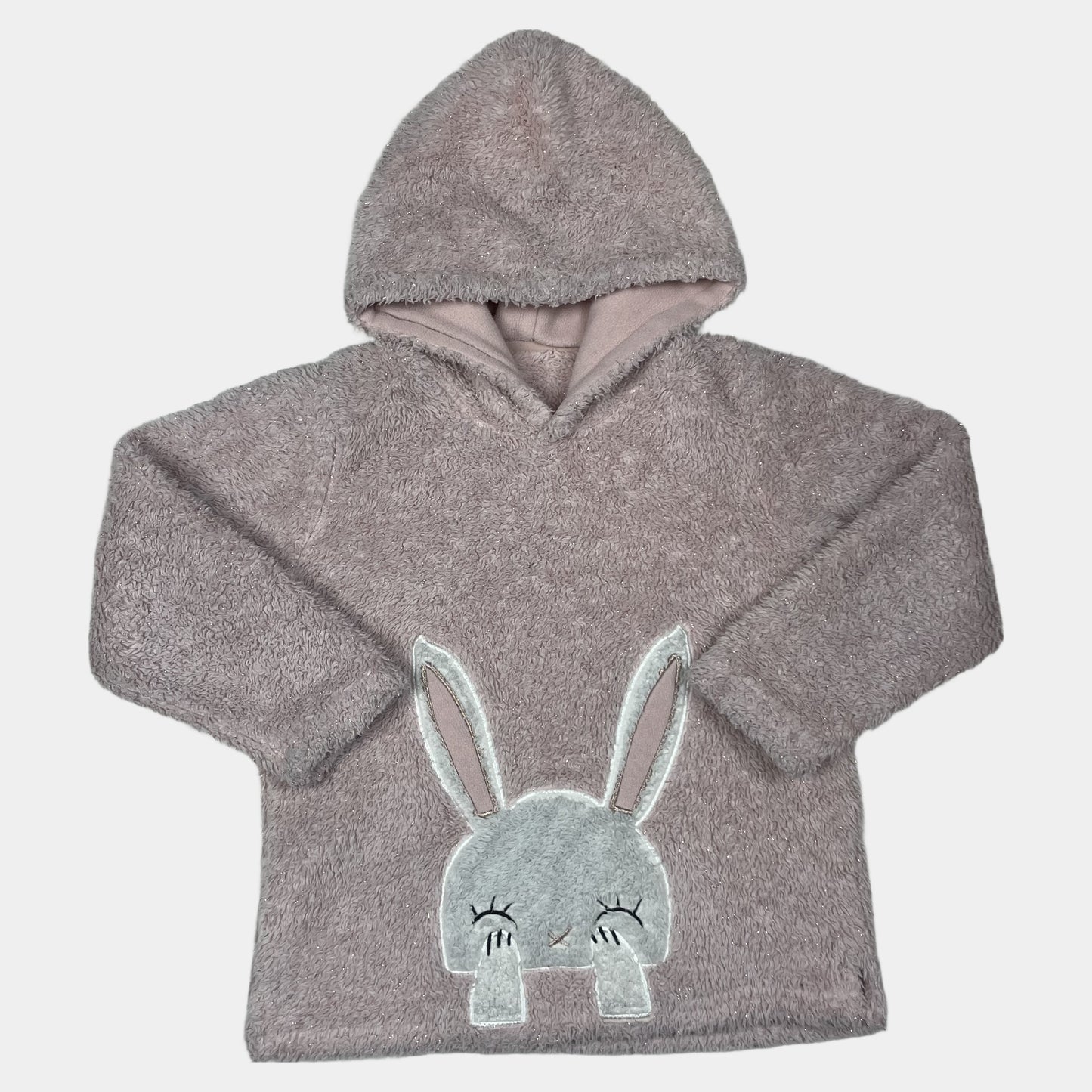 Flauschiger rosa Pullover mit Kapuze und Hasenmotiv für Kinder – front